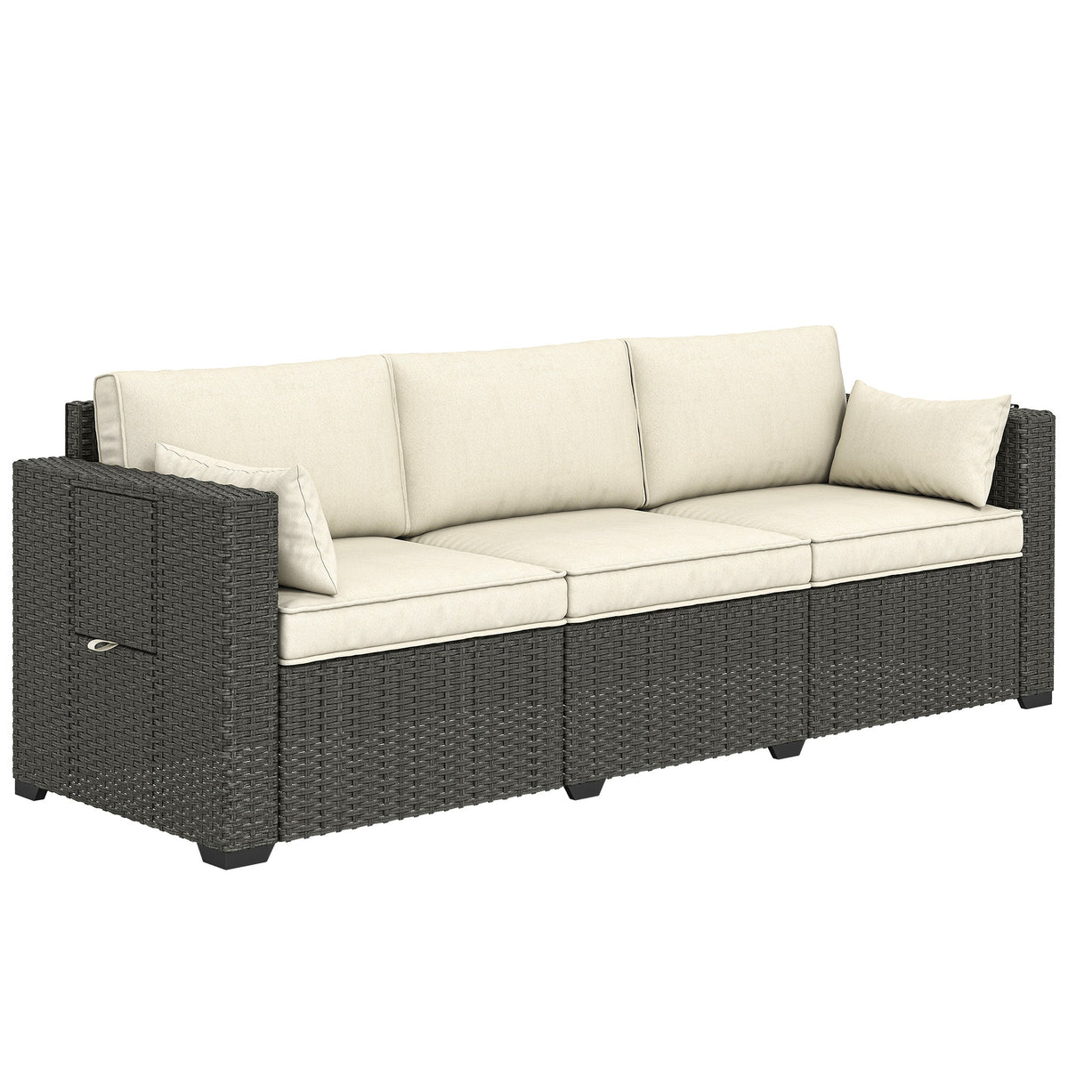 Canapé extérieur 3 places en résine tressée avec tablettes latérales et coussins épais, Cream White