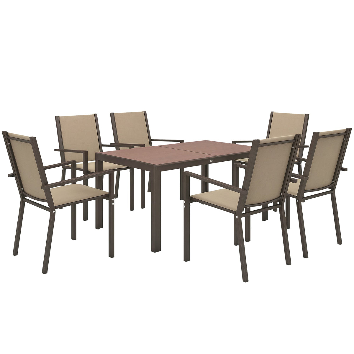 Ensemble repas de terrasse 7 pièces avec table WPC et 6 chaises empilables, kaki