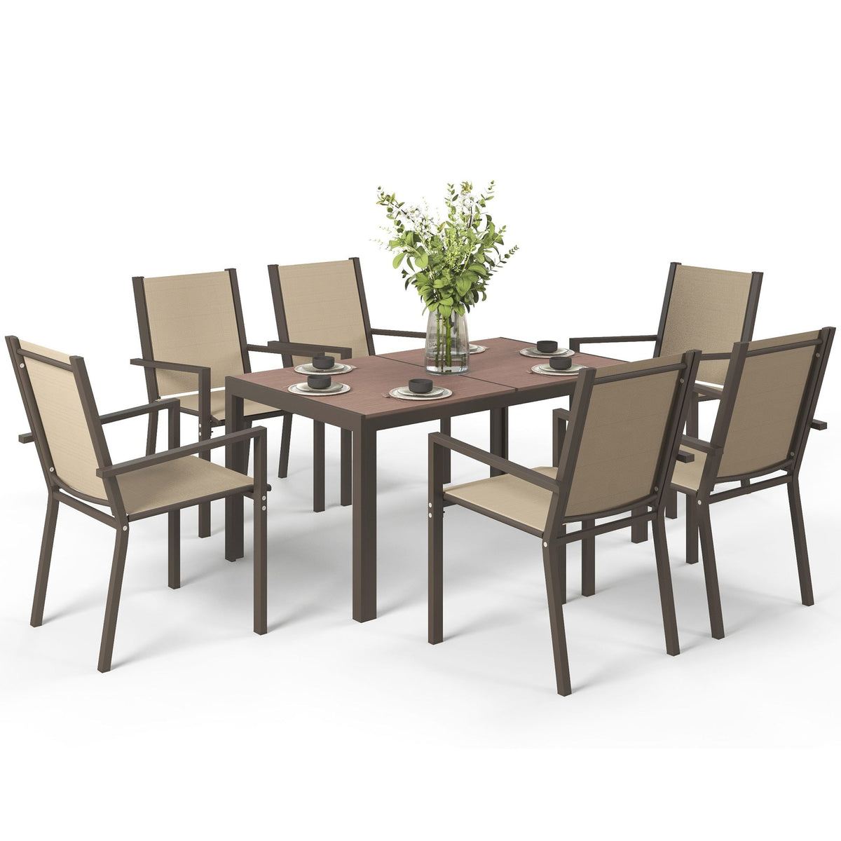 Ensemble repas de terrasse 7 pièces avec table WPC et 6 chaises empilables, kaki