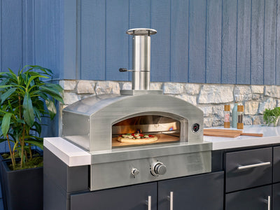 Emory | Îlot de cuisine extérieure d’angle avec barbecue encastrable et four à pizza