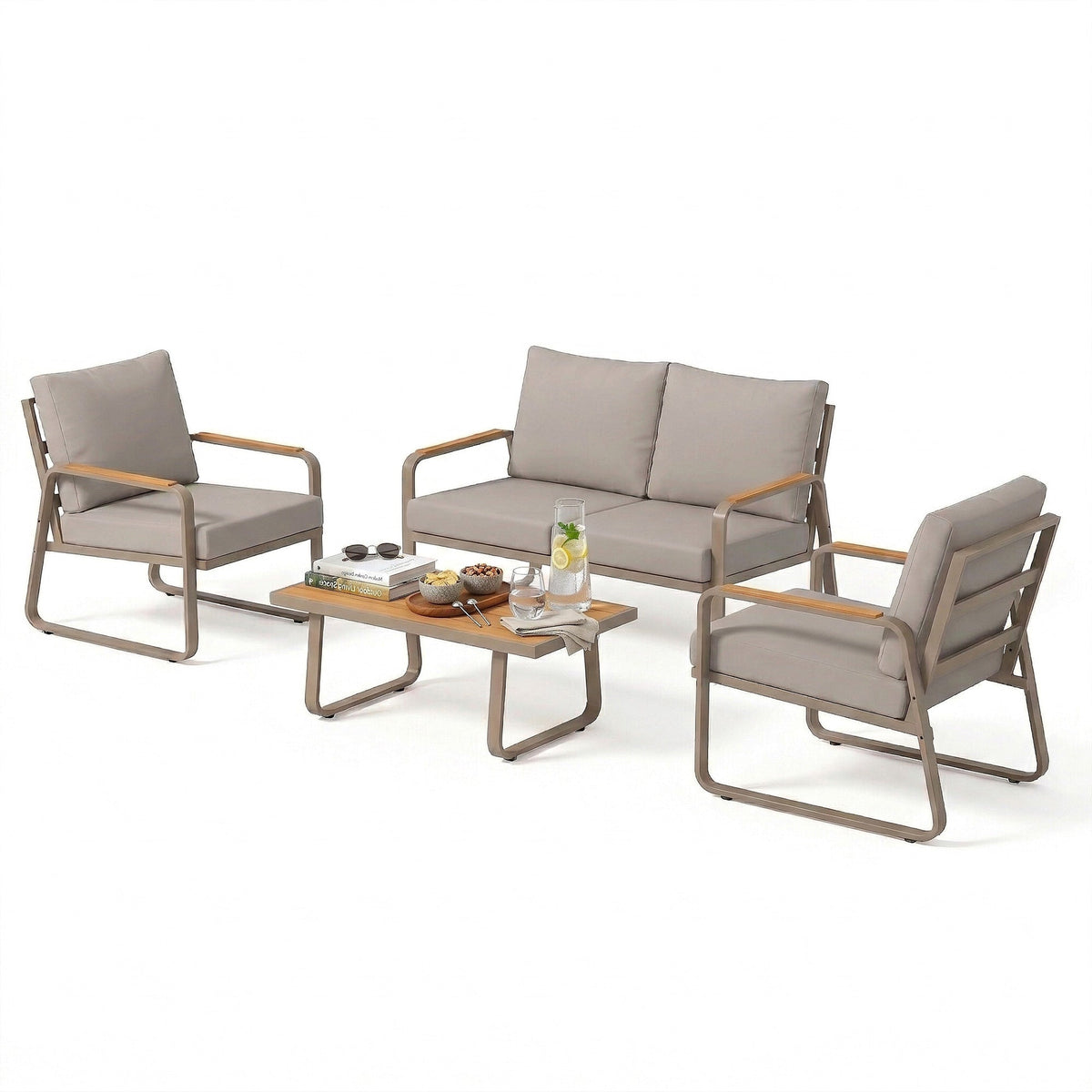 Ensemble de terrasse 4 pièces avec structure métallique et coussins, canapé 2 places et 2 fauteuils, marron