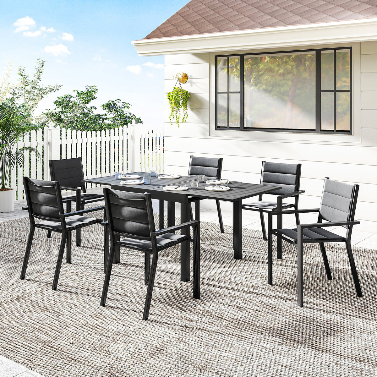 Ensemble repas de terrasse 7 pièces avec table extensible et chaises empilables, noir