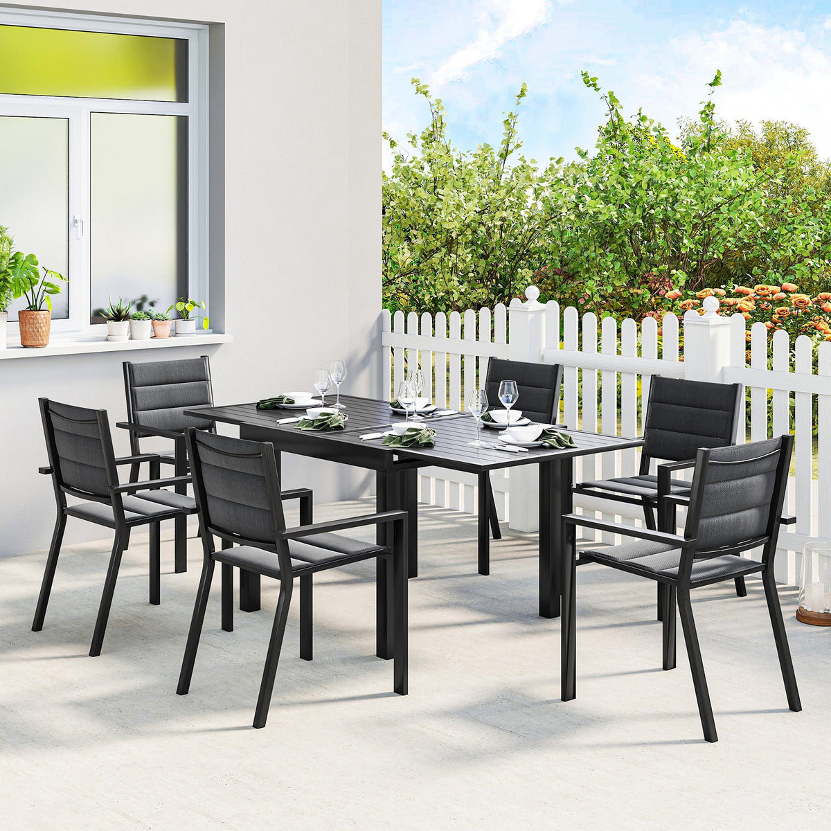 Ensemble repas de terrasse 7 pièces avec table extensible et chaises empilables, noir