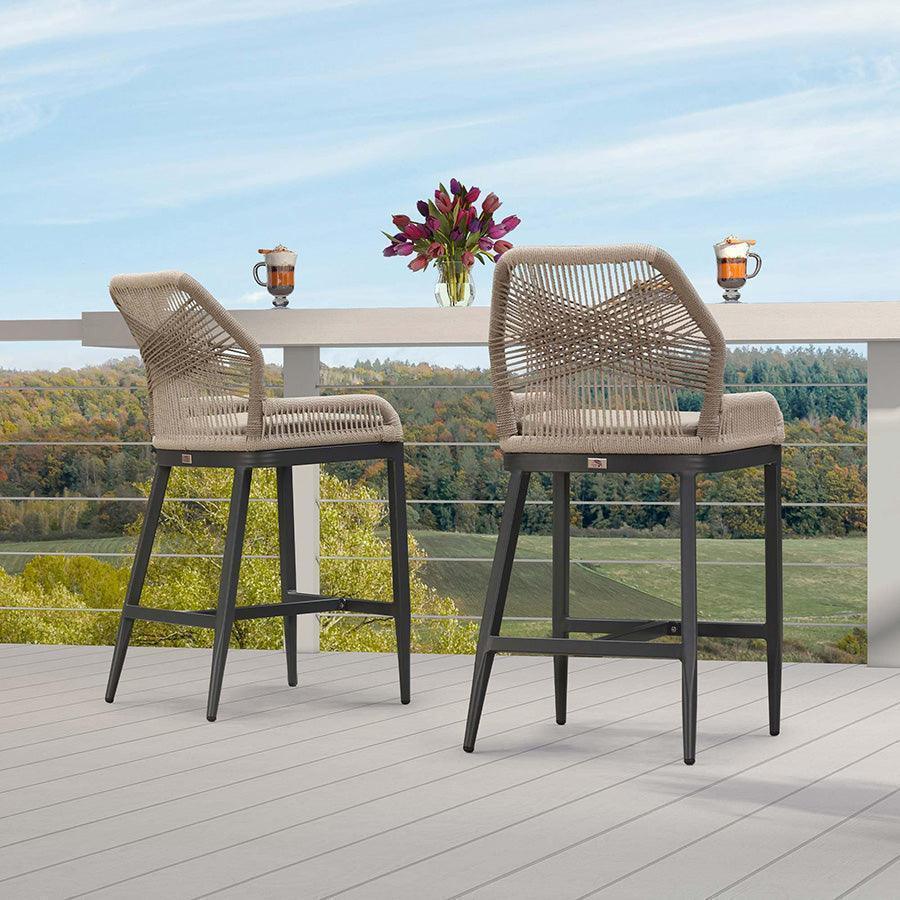 PURPLE LEAF – Lot de 2 tabourets de bar de terrasse Sunbrella en rotin et aluminium avec dossier et coussin