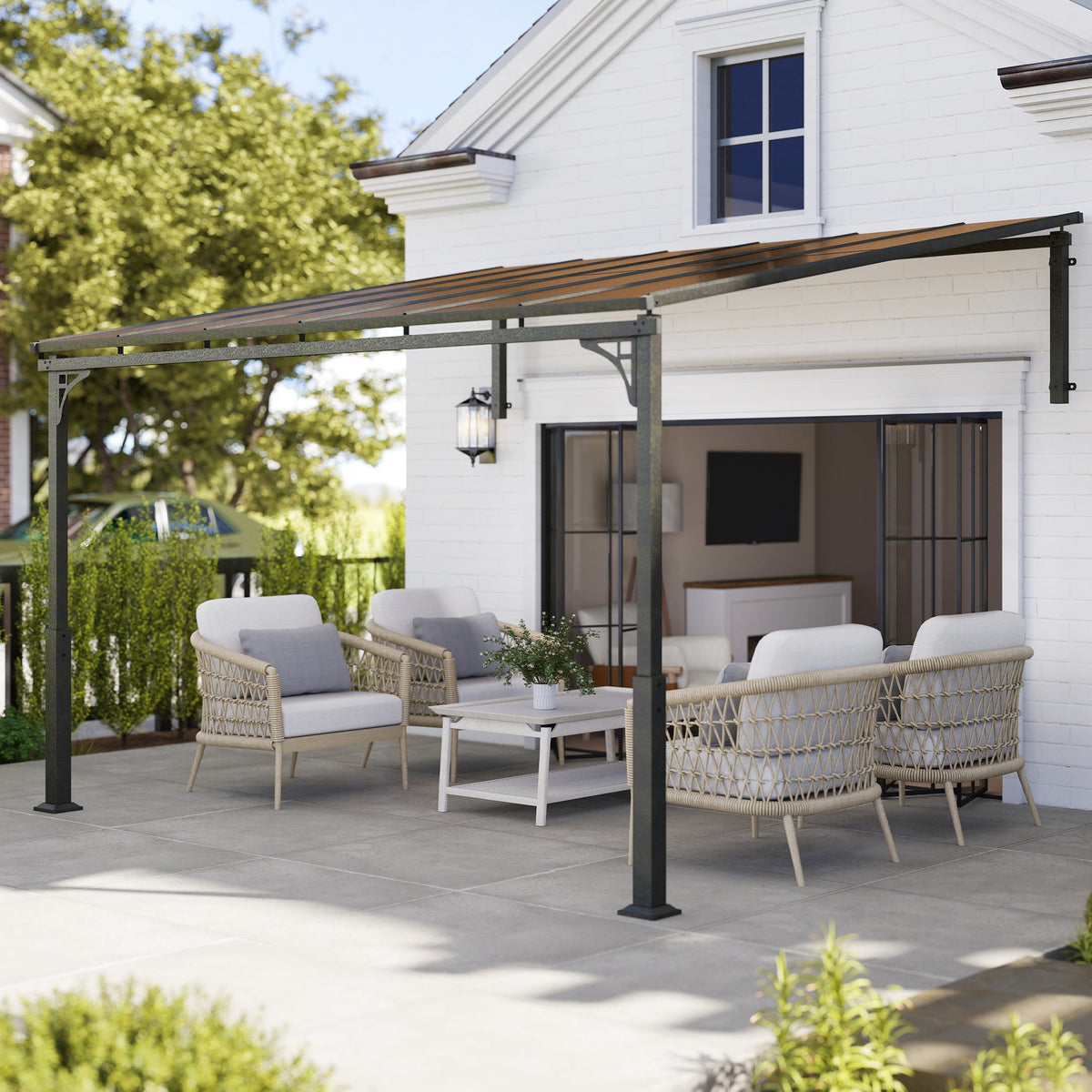 Pergola murale adossée 11' x 10' avec toit en polycarbonate, marron