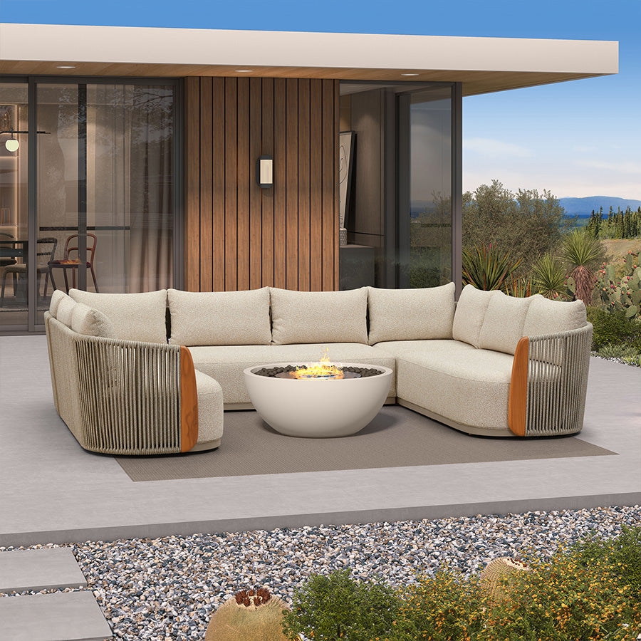 PURPLE LEAF Hailar – Ensemble salon de terrasse en U avec teck véritable, coussins et oreillers, dossier en corde oléfine pour porche et jardin