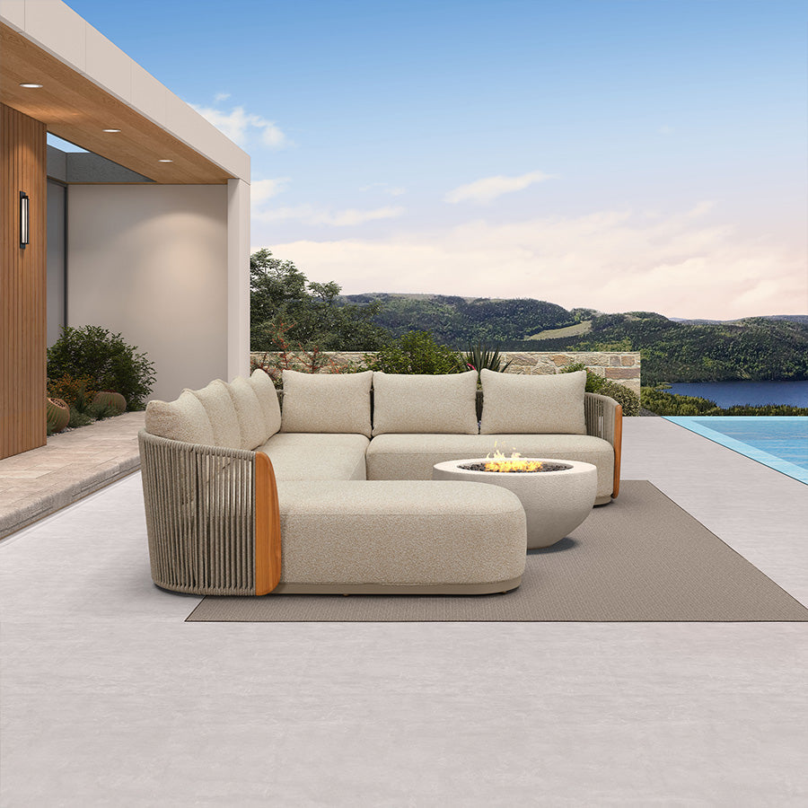 PURPLE LEAF Hailar – Ensemble salon de terrasse en U avec teck véritable, coussins et oreillers, dossier en corde oléfine pour porche et jardin