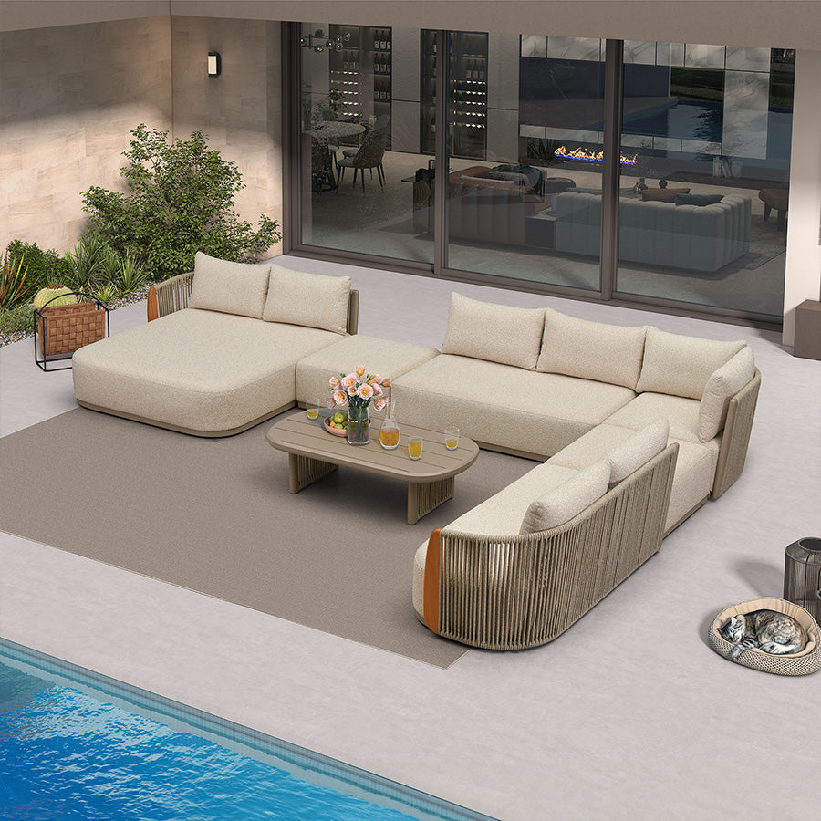 PURPLE LEAF Hailar – Ensemble salon de terrasse en L avec teck véritable, coussins et oreillers, dossier en corde oléfine pour jardin et porche