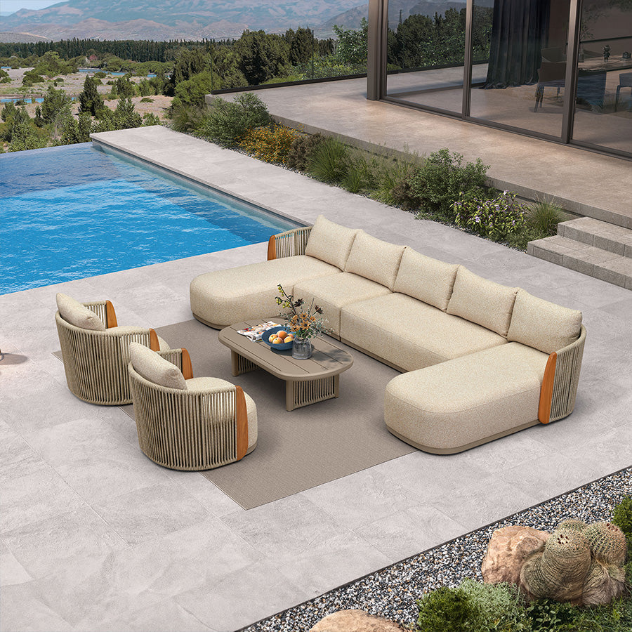 PURPLE LEAF Hailar – Ensemble salon de terrasse en U avec teck véritable, coussins et oreillers, dossier en corde oléfine pour porche et jardin