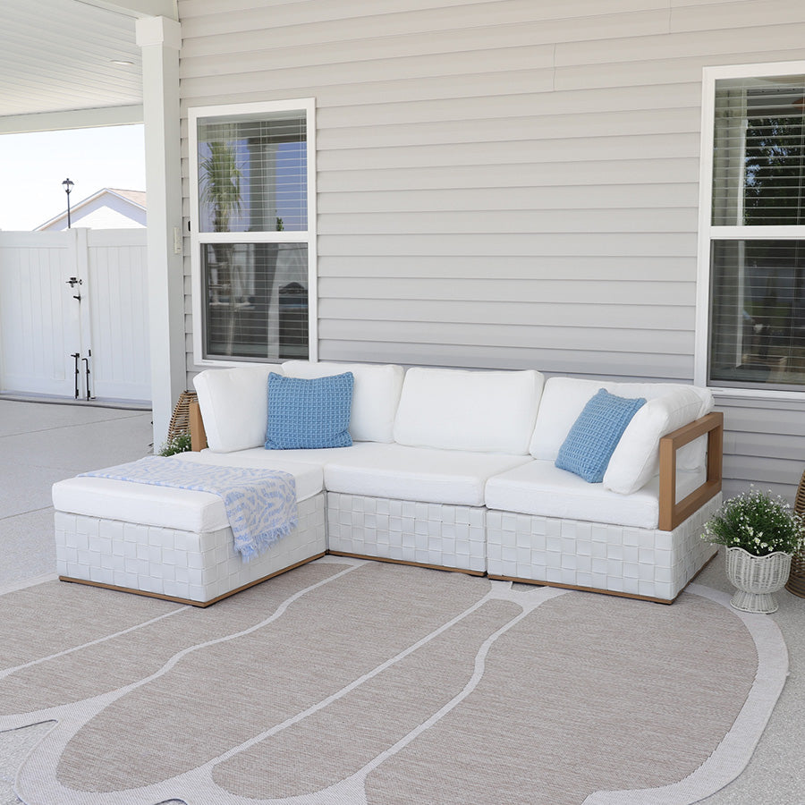 PURPLE LEAF Griffin – Ensemble salon de terrasse symétrique blanc avec coussins, oreillers, ottoman et cuir Premium