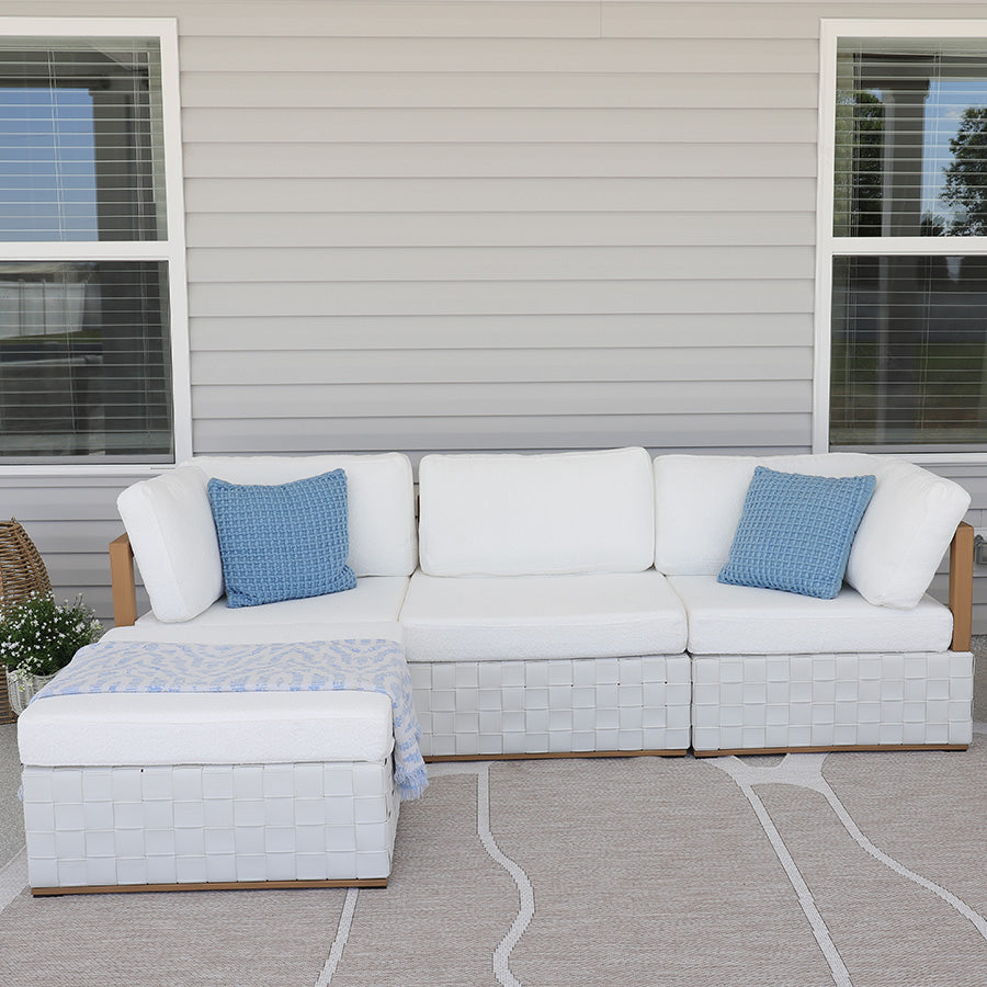 PURPLE LEAF Griffin Classical – Ensemble salon de terrasse blanc avec coussins, oreillers, ottoman et cuir Premium