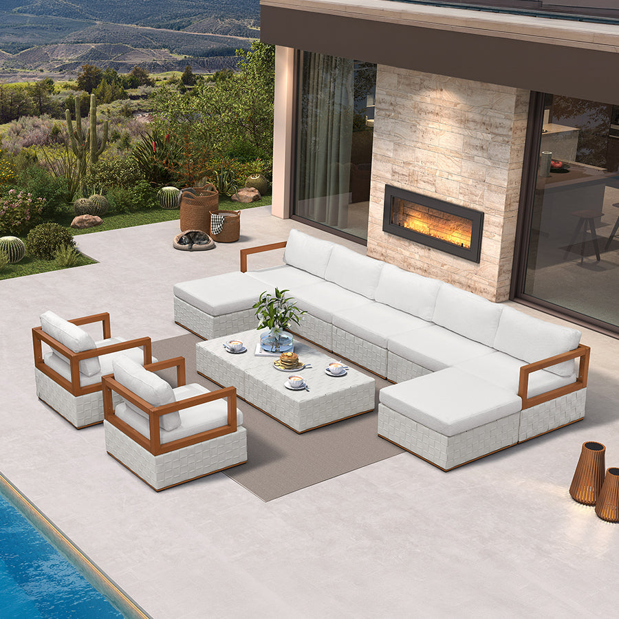 PURPLE LEAF Griffin Classical – Ensemble salon de terrasse blanc avec coussins, oreillers, ottoman et cuir Premium