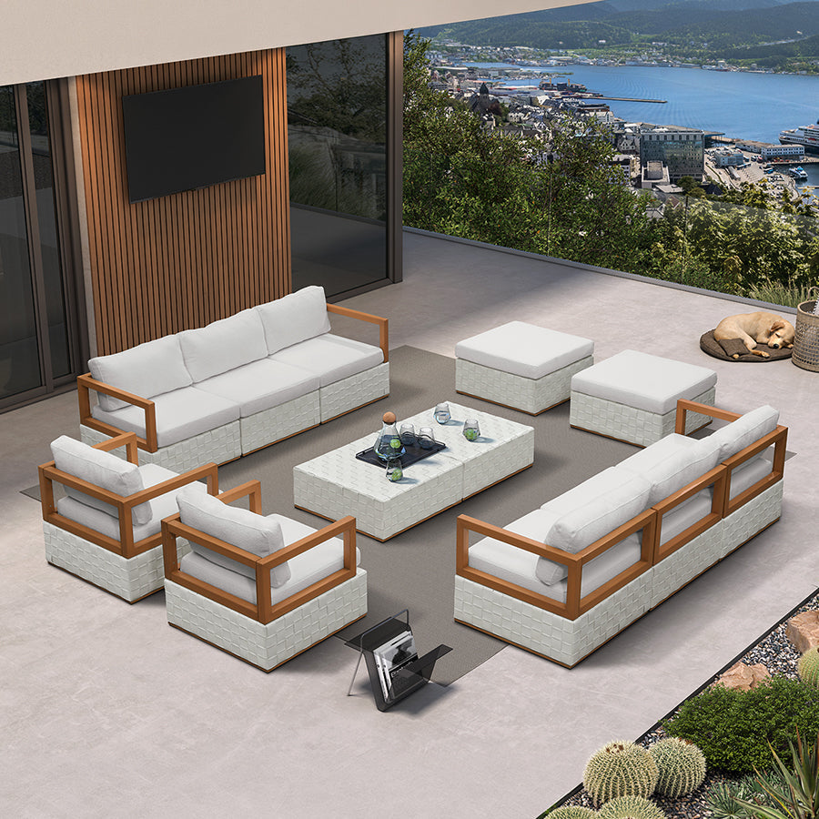 PURPLE LEAF Griffin – Ensemble salon de terrasse symétrique blanc avec coussins, oreillers, ottoman et cuir Premium