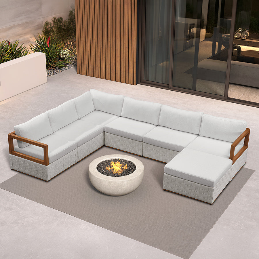 PURPLE LEAF Griffin – Ensemble salon de terrasse en U blanc avec coussins, oreillers, ottoman et cuir Premium