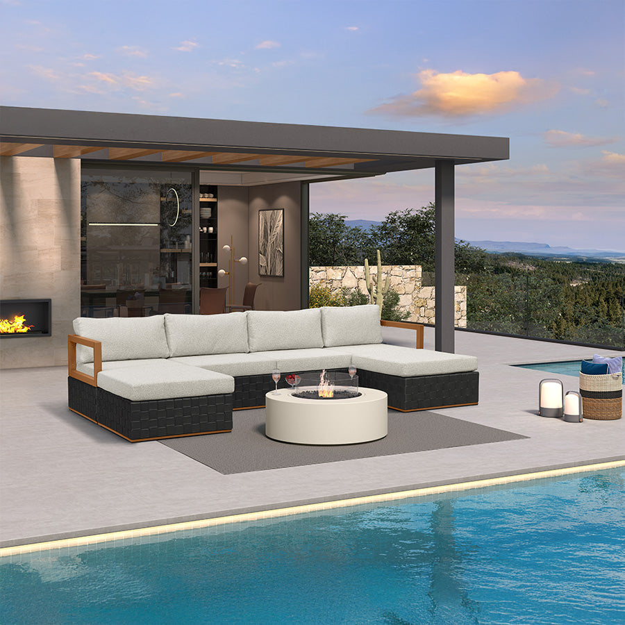 PURPLE LEAF Griffin – Ensemble salon de terrasse en U noir avec coussins, oreillers, ottoman et cuir Premium