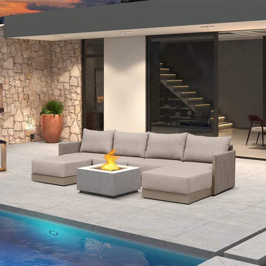 PURPLE LEAF Sanori – Canapé d’angle extérieur symétrique beige, design modulaire avec coussins et ottoman pour porche