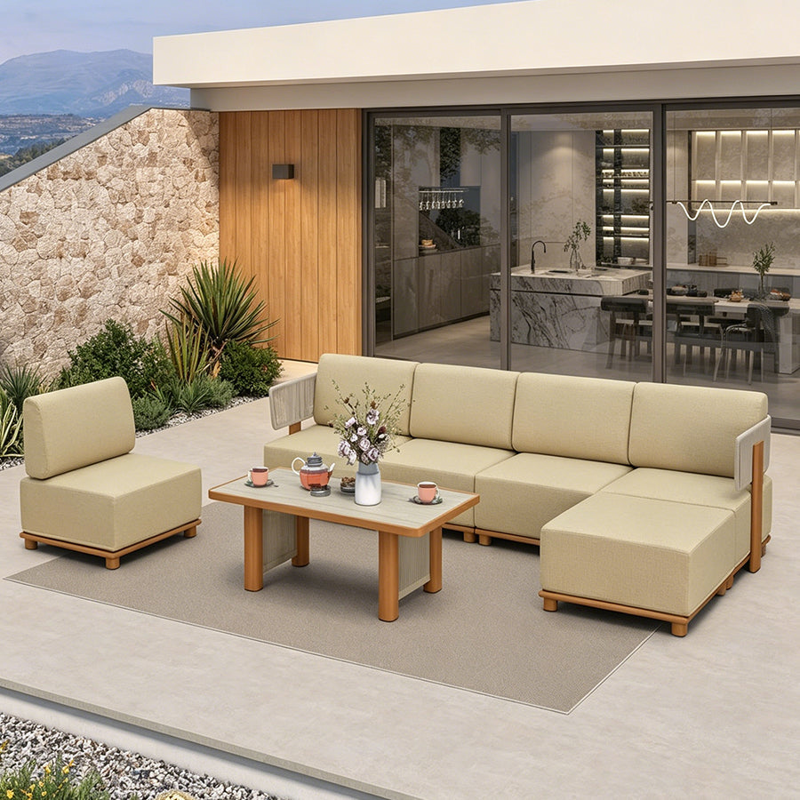 PURPLE LEAF Breck – Canapé d’angle extérieur modulaire à extrémité ouverte avec structure en aluminium effet bois et coussins épais coloris Teak