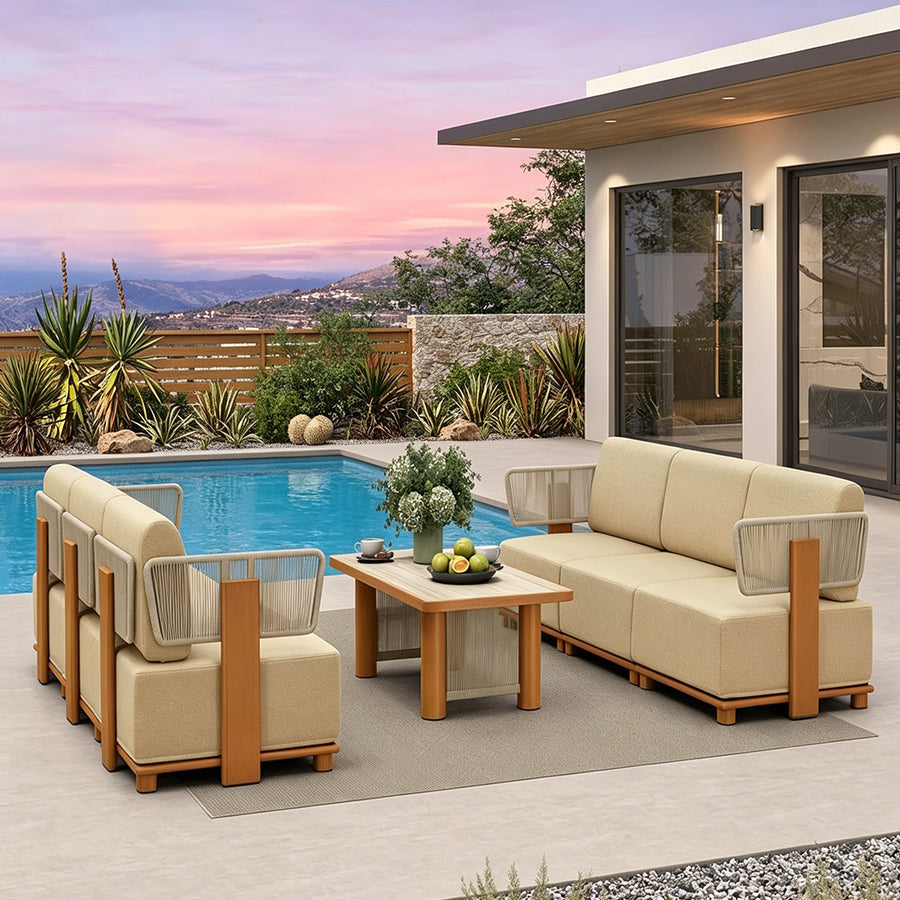 PURPLE LEAF Breck – Canapé d’angle extérieur modulaire à extrémité ouverte avec structure en aluminium effet bois et coussins épais coloris Teak