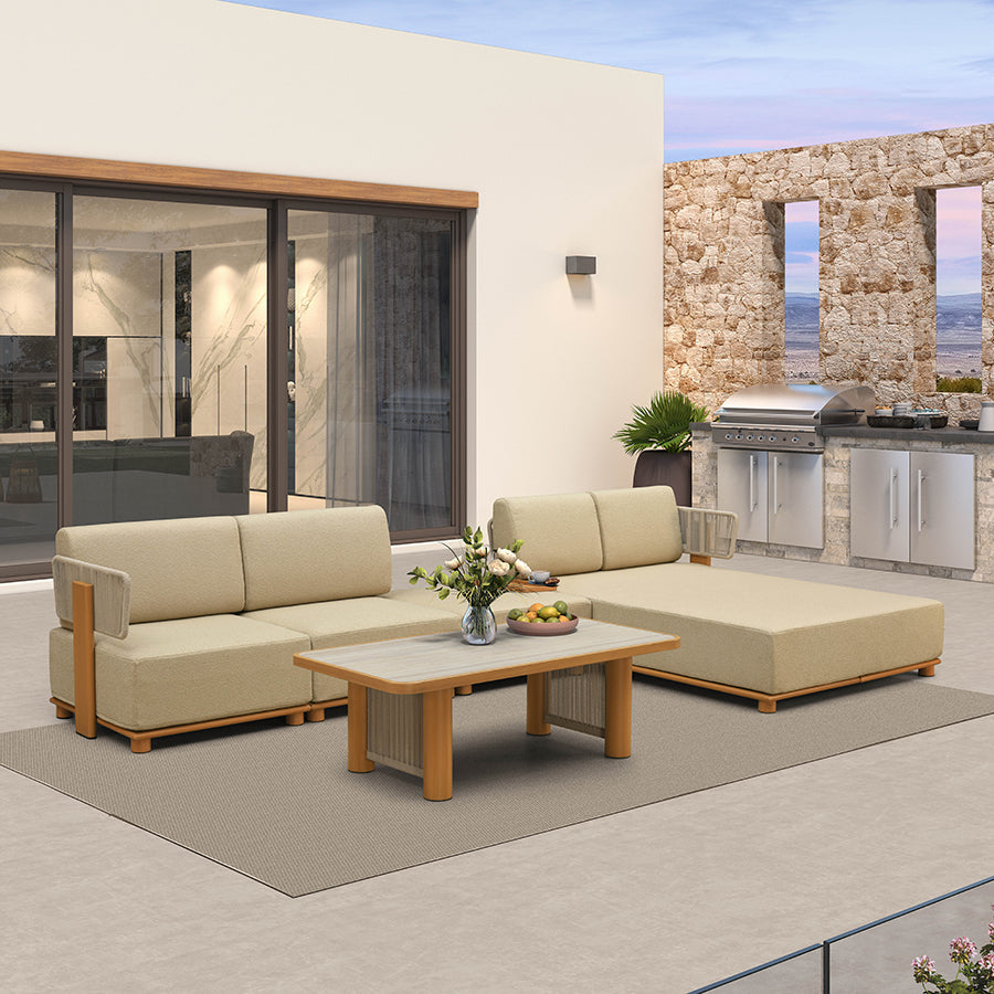 PURPLE LEAF Breck – Canapé d’angle extérieur modulaire en L avec table, structure en aluminium effet bois et coussins épais coloris Teak