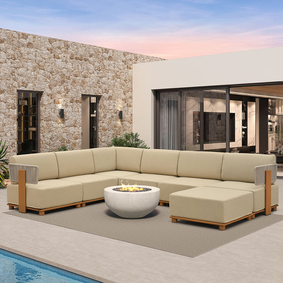 PURPLE LEAF Breck – Canapé d’angle extérieur modulaire en U avec structure en aluminium effet bois et coussins épais coloris Teak