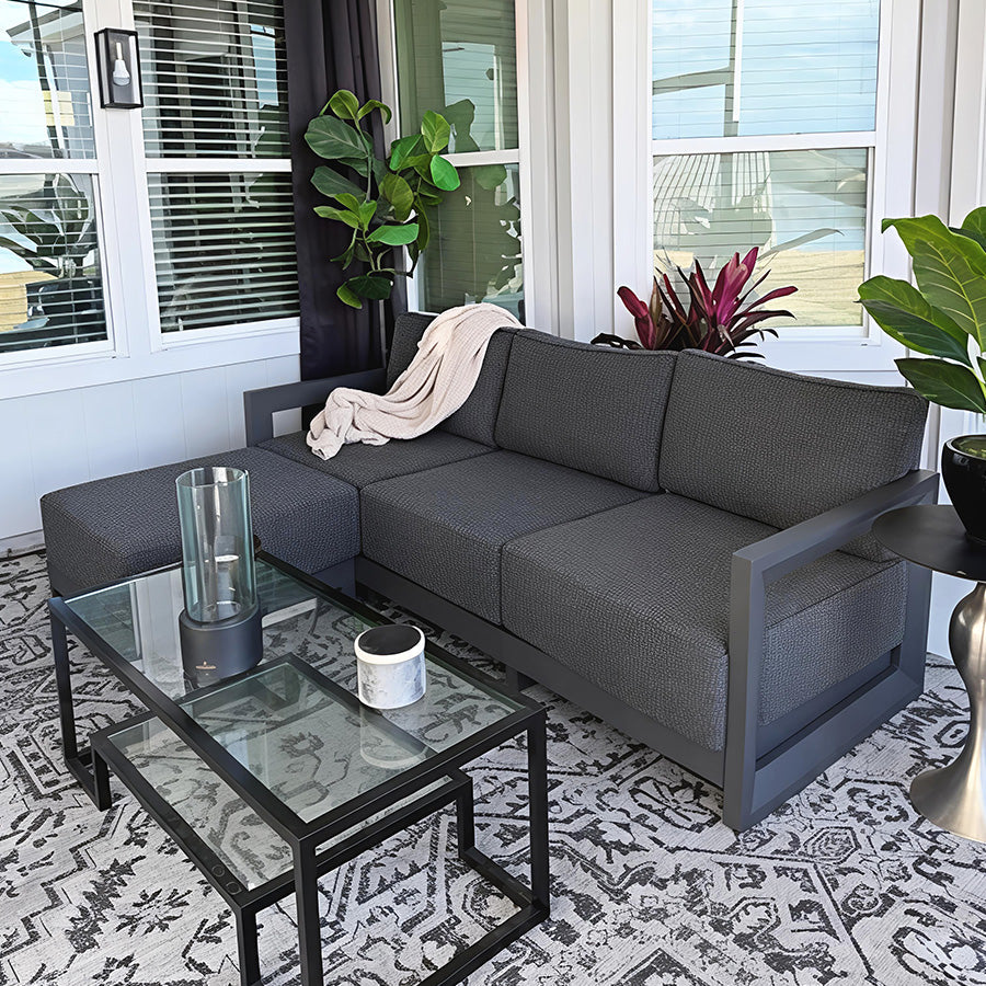 PURPLE LEAF Caesar – Ensemble salon de terrasse en L avec coussins et oreillers gris, canapé et ottoman pour jardin et porche