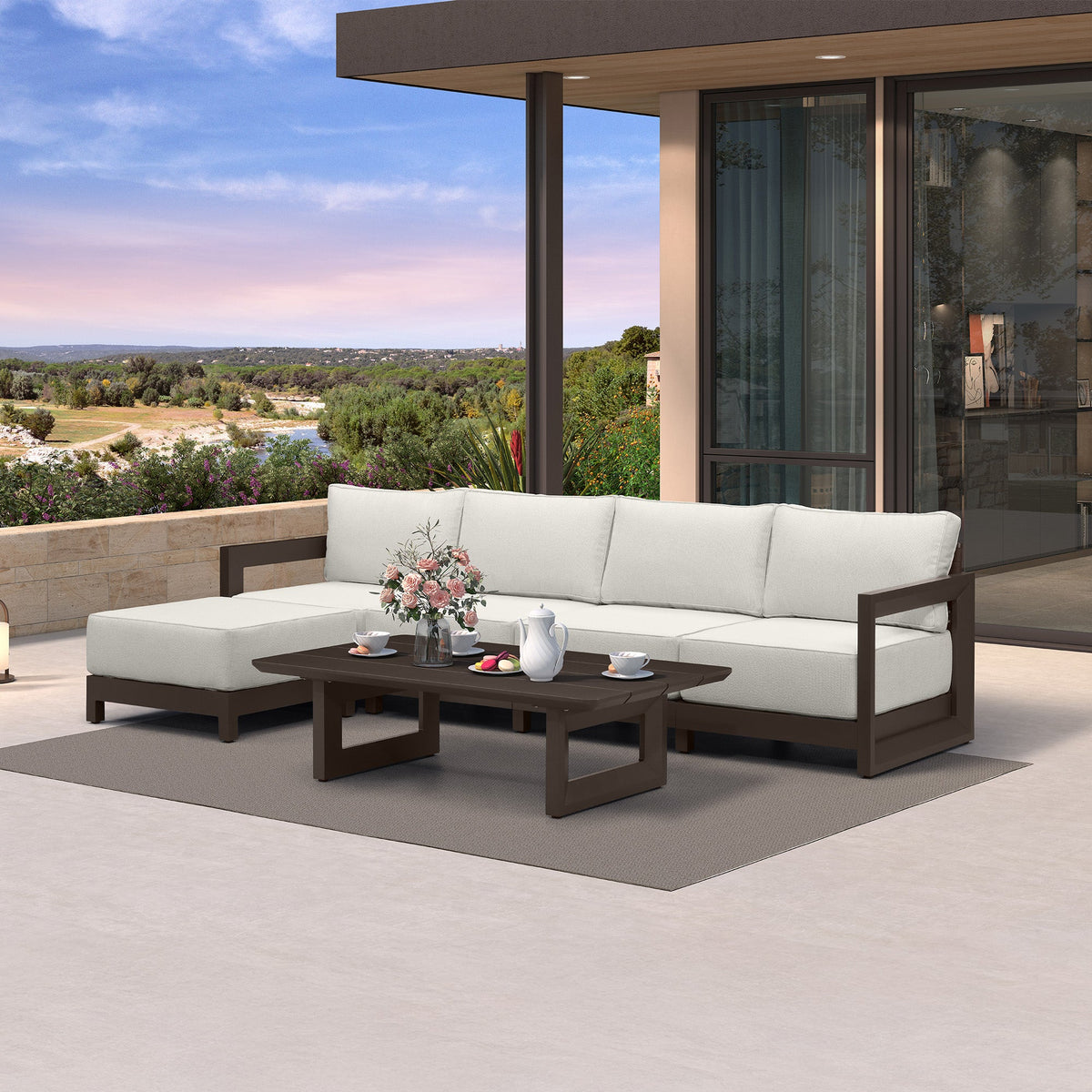 PURPLE LEAF Caesar – Ensemble salon de terrasse en L avec coussins et oreillers bronze, canapé et ottoman pour jardin et porche