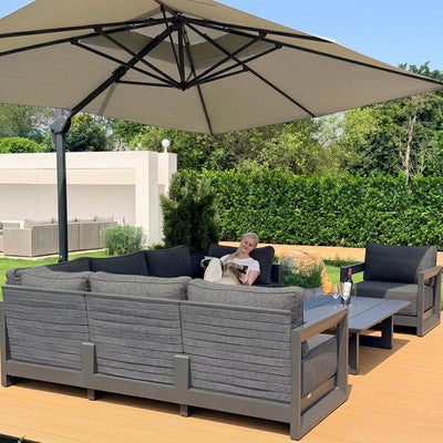 PURPLE LEAF Caesar – Ensemble salon de terrasse à extrémité ouverte avec coussins et oreillers gris et ottoman