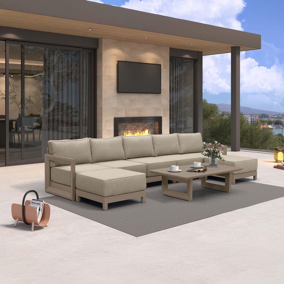 PURPLE LEAF Caesar – Ensemble salon de terrasse en U avec coussins et oreillers kaki, canapé et ottoman