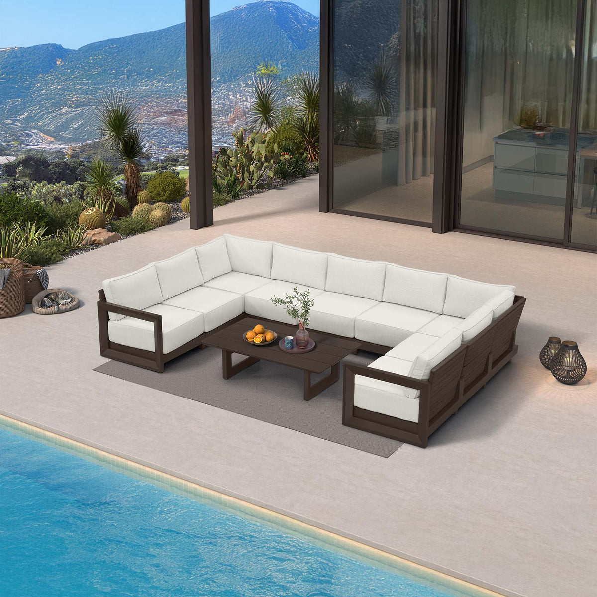 PURPLE LEAF Caesar – Ensemble salon de terrasse en U avec coussins et oreillers bronze, canapé et ottoman