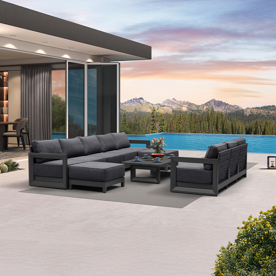 PURPLE LEAF Caesar – Ensemble salon de terrasse fermé avec coussins et oreillers gris et ottoman pour porche et jardin