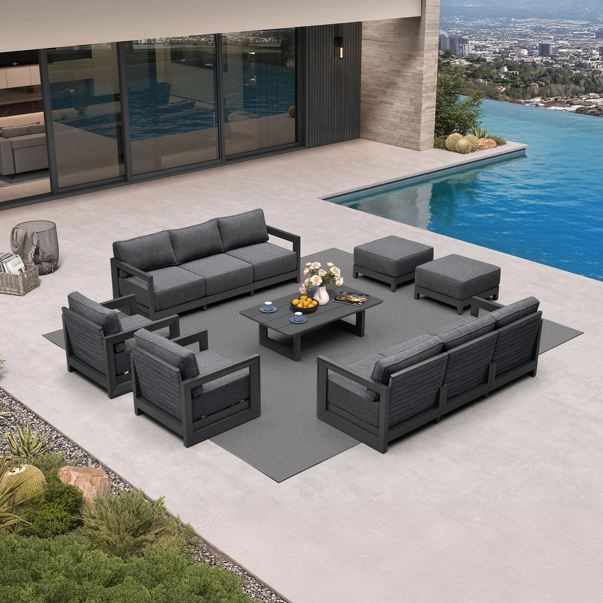 PURPLE LEAF Caesar – Ensemble salon de terrasse fermé avec coussins et oreillers gris et ottoman pour porche et jardin