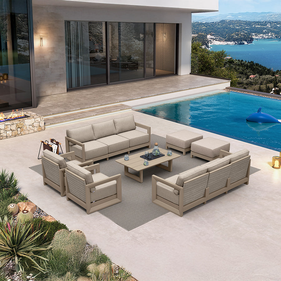 PURPLE LEAF Caesar – Ensemble salon de terrasse fermé avec coussins et oreillers kaki et ottoman pour porche et jardin
