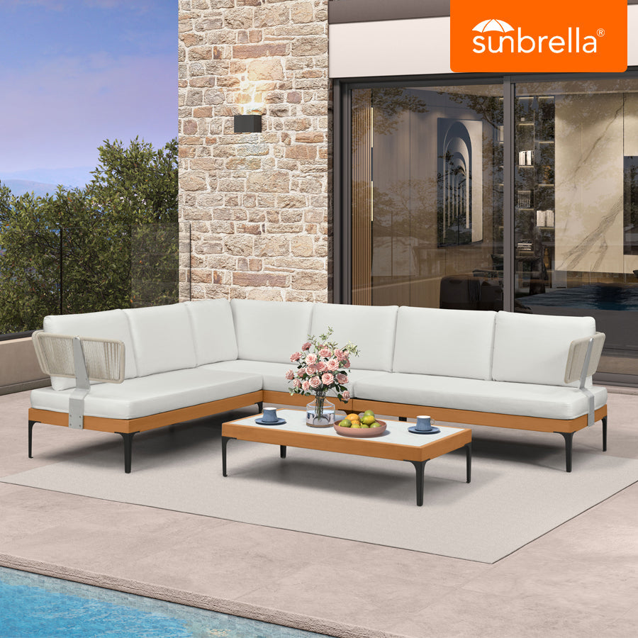 PURPLE LEAF Sicilia – Canapé d’angle extérieur modulaire en L avec coussins Sunbrella blancs, configuration flexible pour terrasse moderne minimaliste