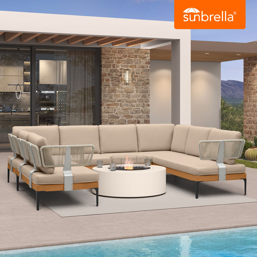 PURPLE LEAF Sicilia – Canapé d’angle extérieur modulaire en U avec coussins Sunbrella kaki, configuration flexible pour espaces commerciaux extérieurs