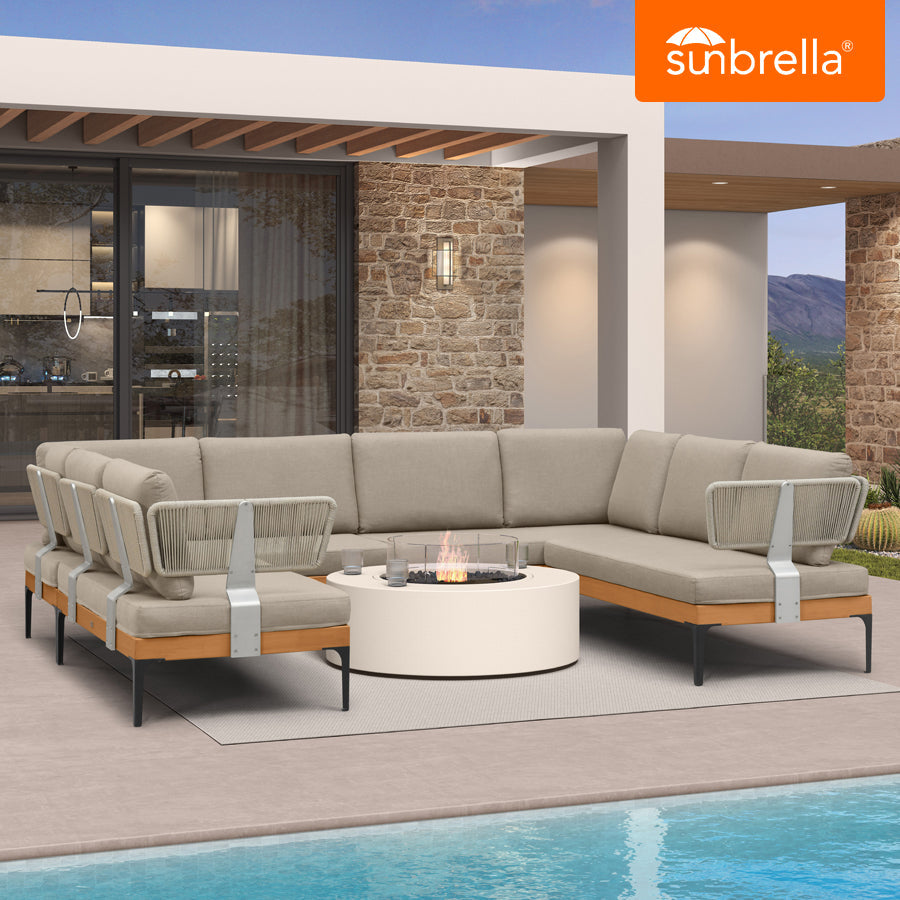 PURPLE LEAF Sicilia – Canapé d’angle extérieur modulaire en U avec coussins Sunbrella Taupe, configuration flexible pour terrasse style resort haut de gamme