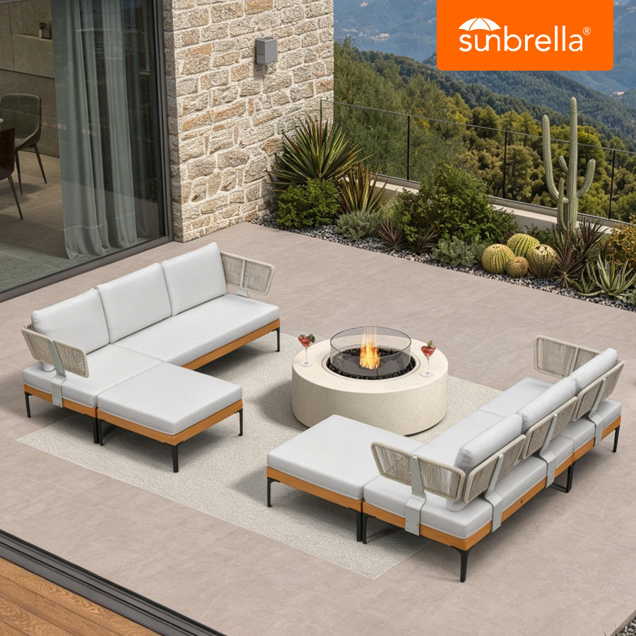 PURPLE LEAF Sicilia – Canapé d’angle extérieur modulaire en U avec coussins Sunbrella blancs, configuration flexible pour espaces lounge commerciaux