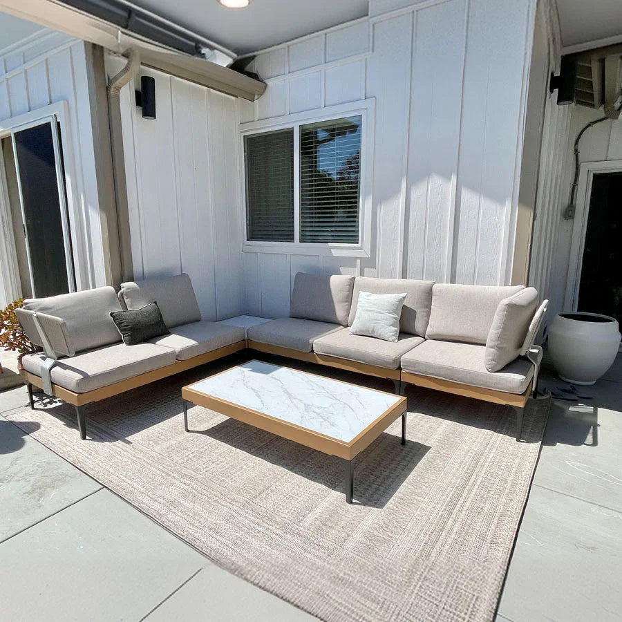 PURPLE LEAF Sicilia – Canapé d’angle extérieur modulaire en L avec coussins Oatmeal Greige, configuration flexible pour jardin et bord de piscine