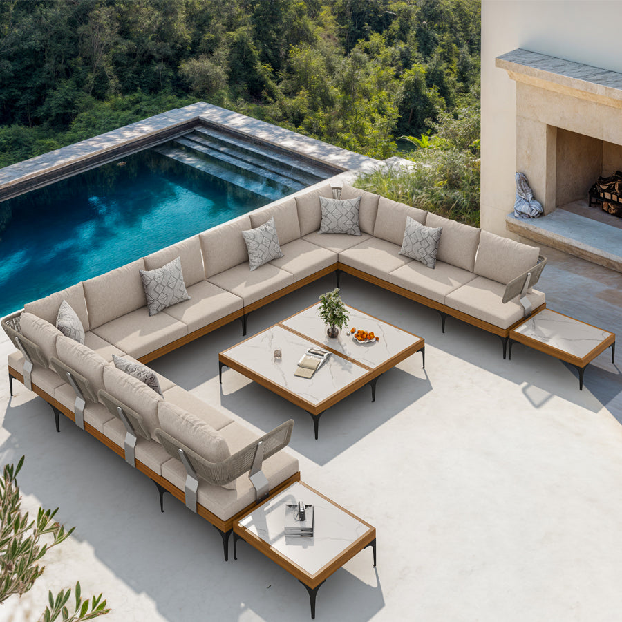 PURPLE LEAF Sicilia – Canapé d’angle extérieur modulaire en U avec coussins Oatmeal Greige, configuration flexible pour porche et jardin
